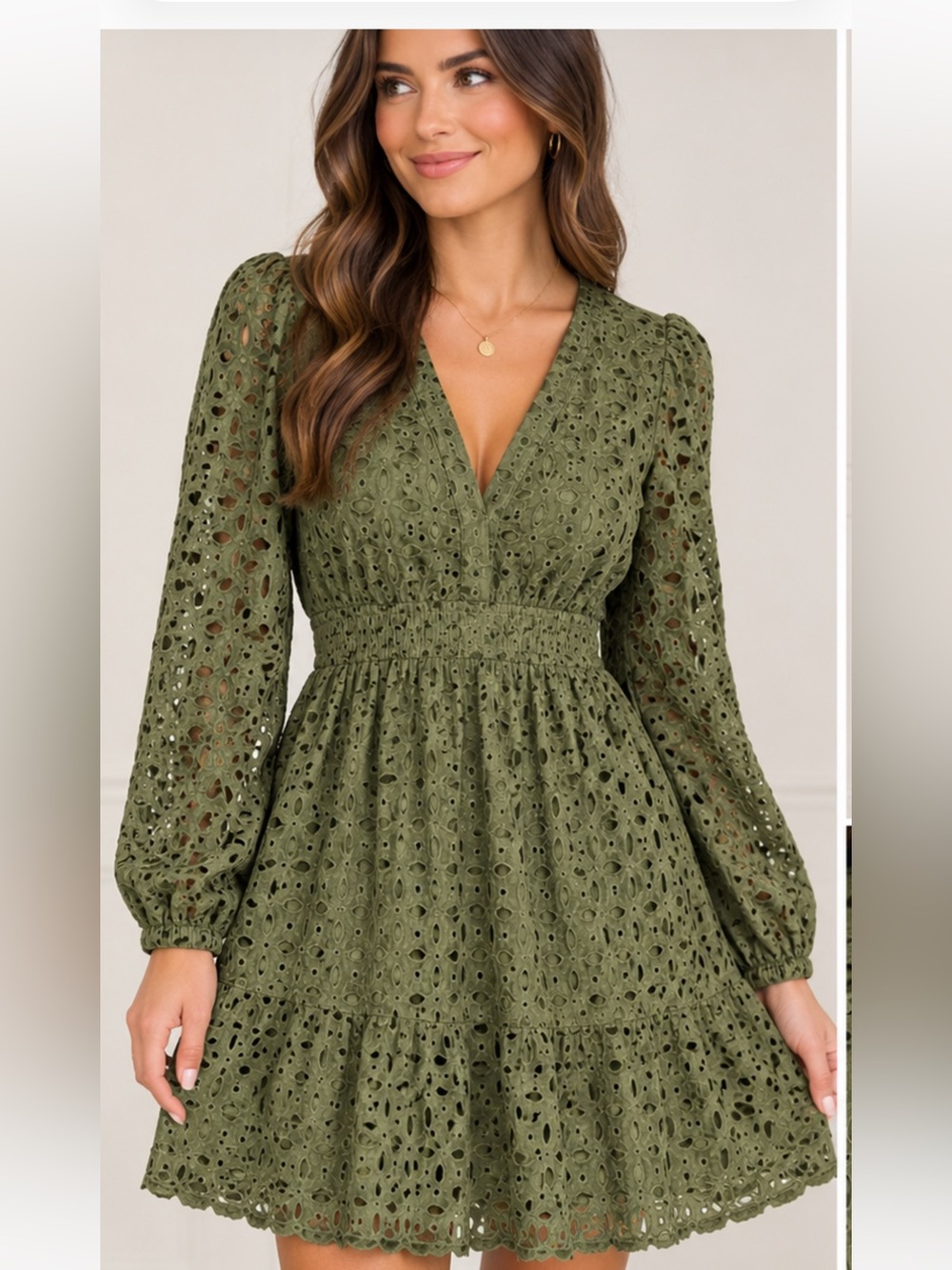 Olive Eyelet V-Neck Long Sleeve Dress - NWT - Size L